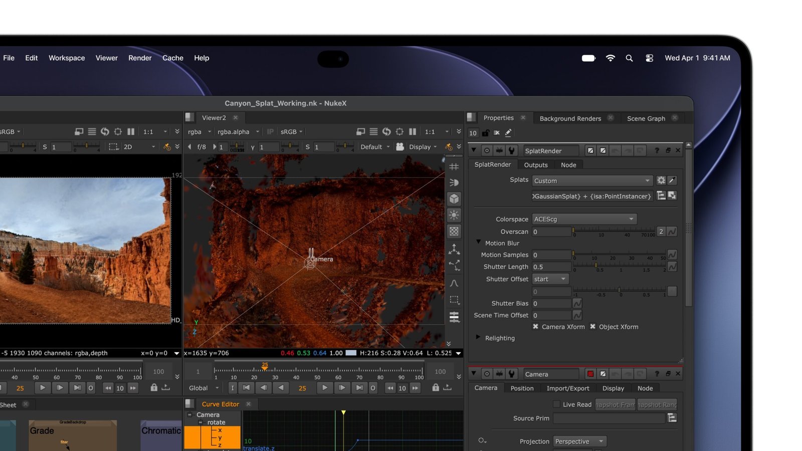 MacBook Pro con pantalla PROLED XDR utilizando Nuke para efectos visuales y posproducción