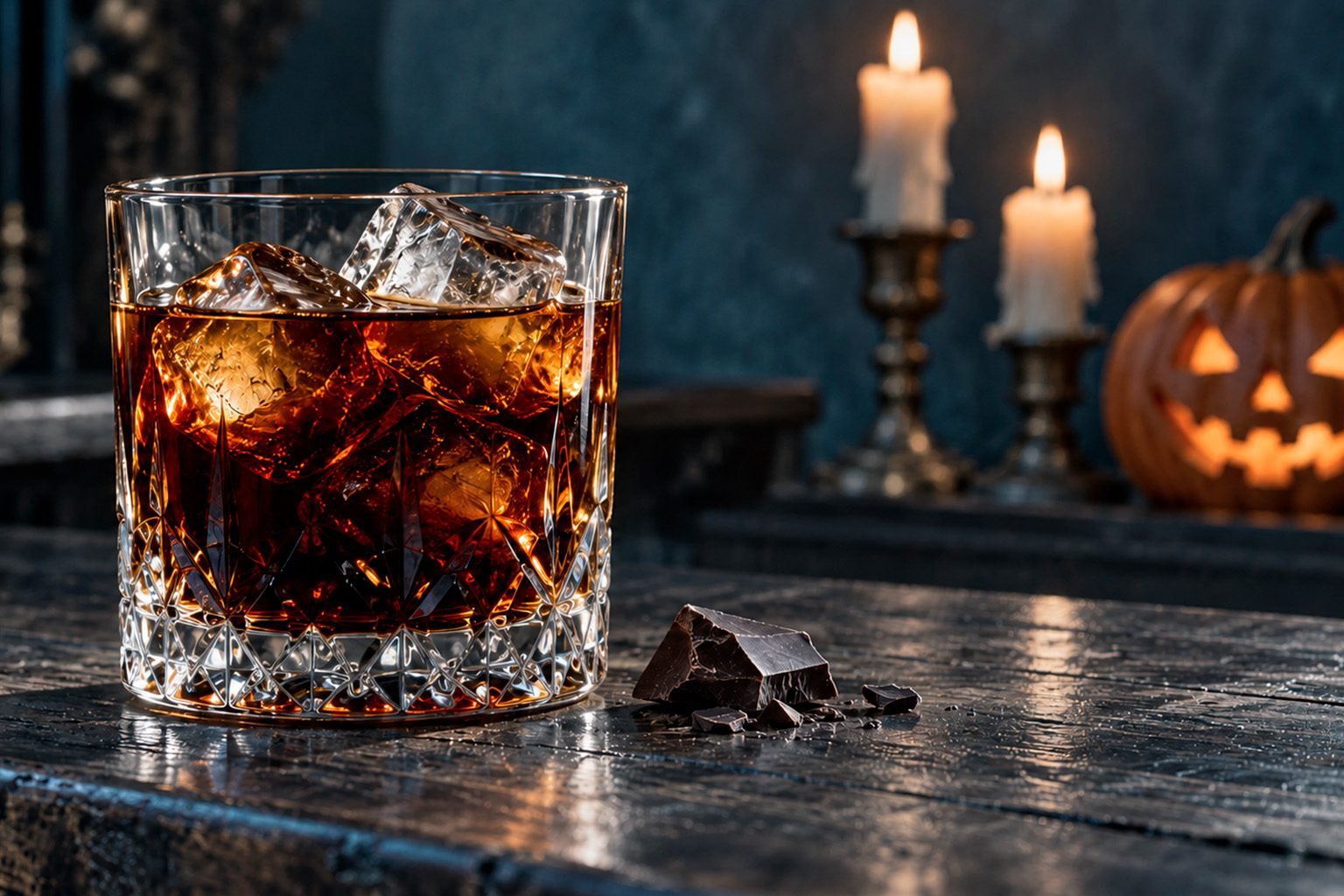 Black Russian de vodka y licor de café servido con hielo en vaso bajo, sobre una barra con velas y decoración de Halloween