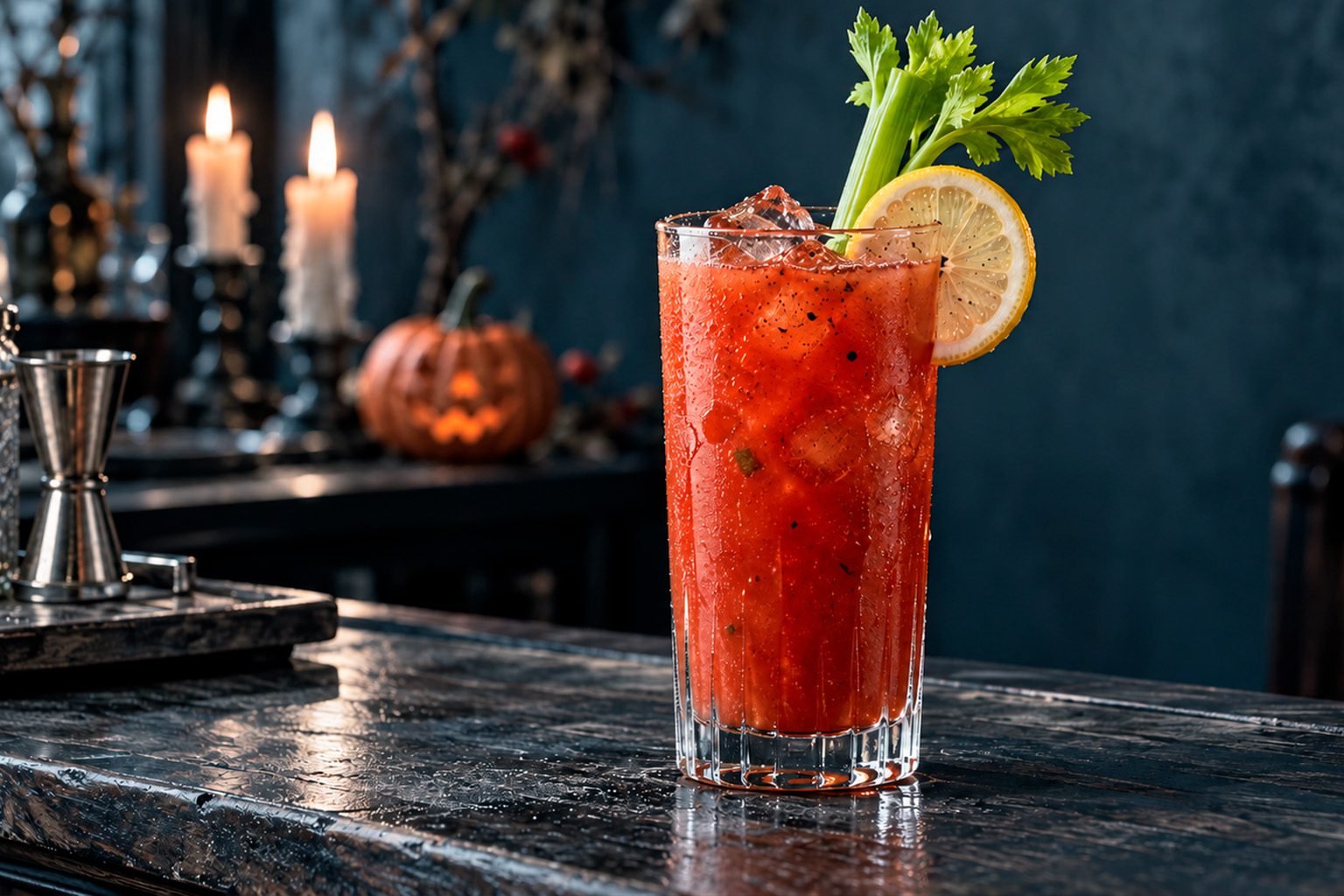 Bloody Mary rojo con hielo, apio y limón en vaso alto, con ambientación de Halloween e iluminación azul grisácea