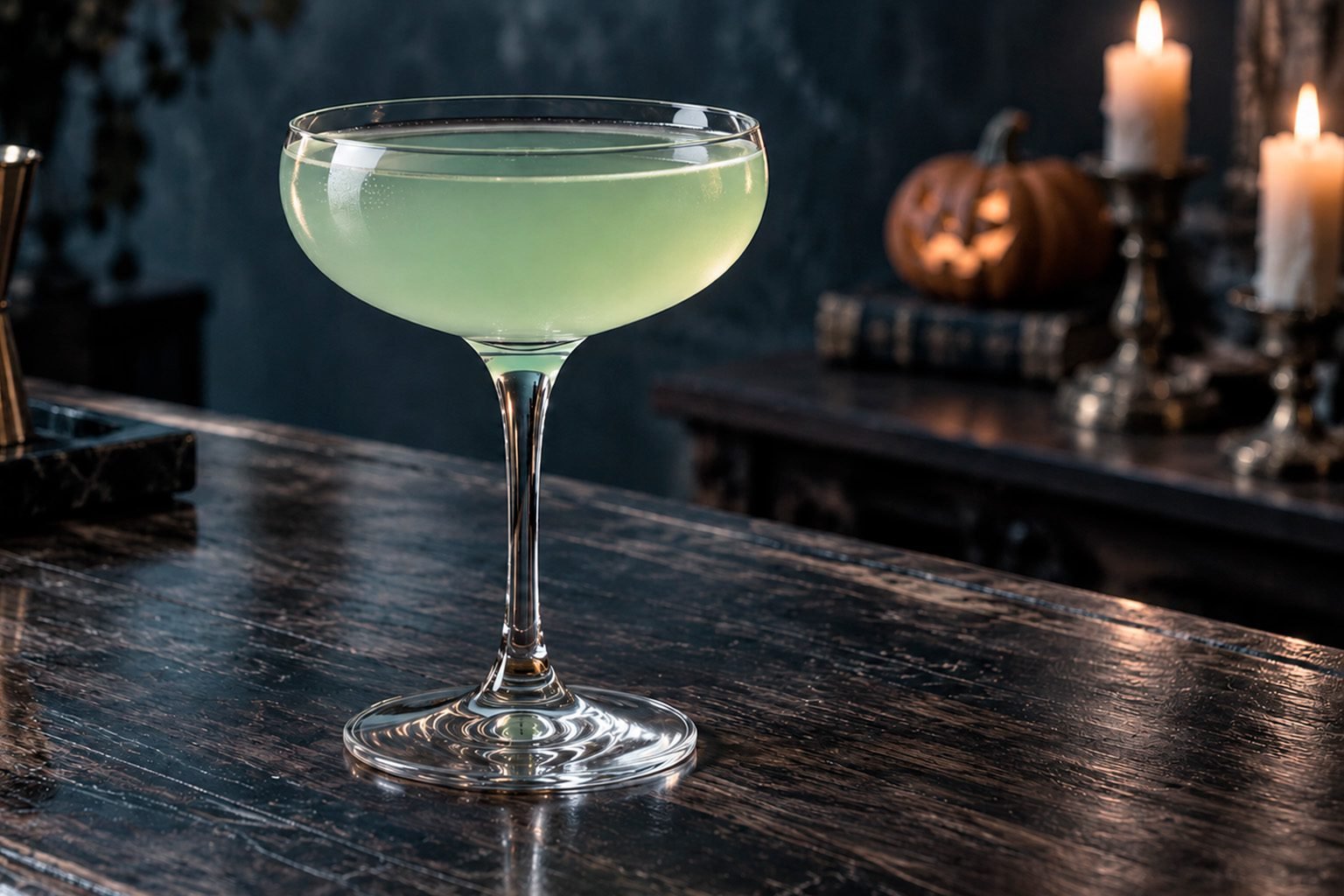 Last Word de color verde pálido servido en copa sobre una barra de tonos azul grisáceos, con velas y una calabaza al fondo