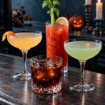 Corpse Reviver No. 2, Black Russian, Last Word y Bloody Mary en una barra decorada para Halloween