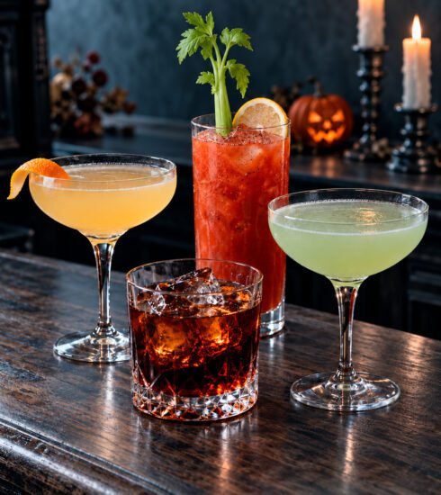 Corpse Reviver No. 2, Black Russian, Last Word y Bloody Mary en una barra decorada para Halloween